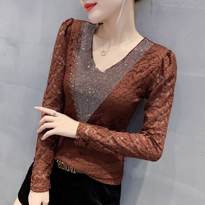 Áo Thun Tay Dài V Ren Đính Đá Phong Cách Mới