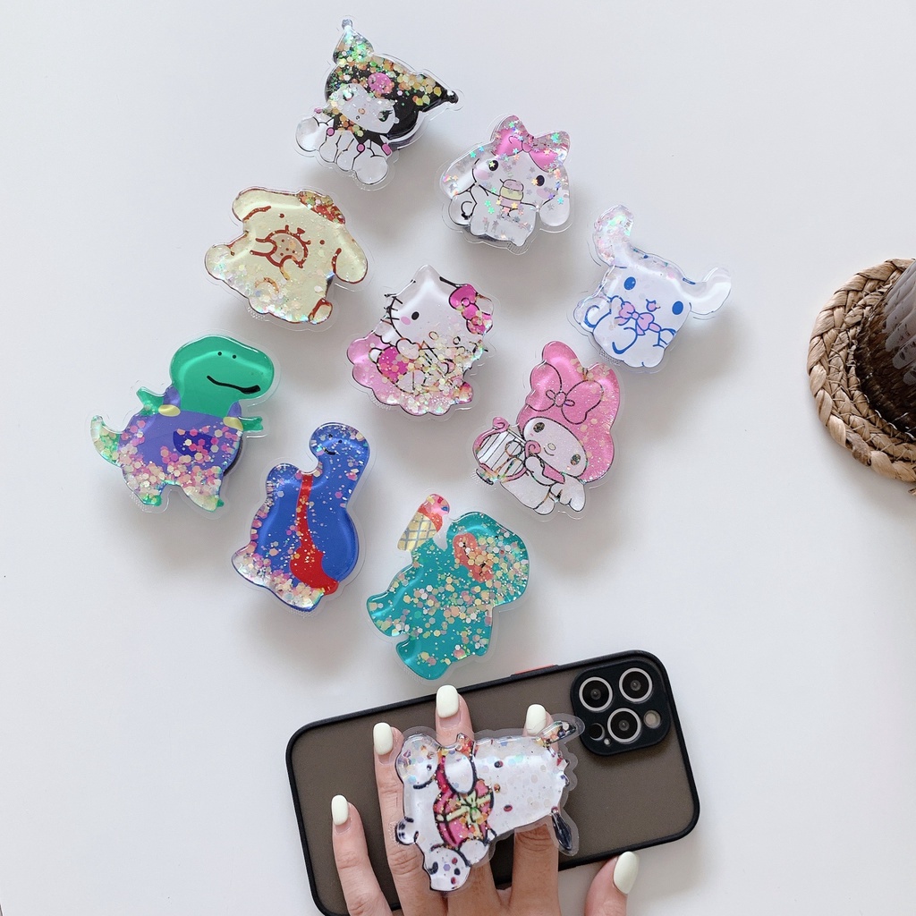 Fashion Cute and Flexible Foldable Quicksand Into The Oil Bag Cartoon Girl Ins Phone Holder with Liquid and Flash Personality Creative Holder