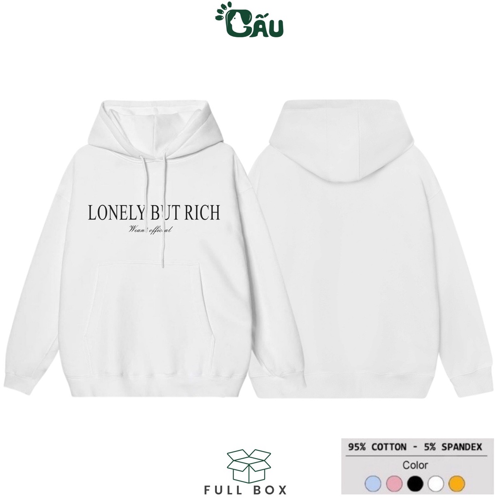 Áo hoodie GẤU 194 vải thu đông co dãn, dày dặn mềm mịn form rộng phong cách Unisex - HD Lonely But Rich