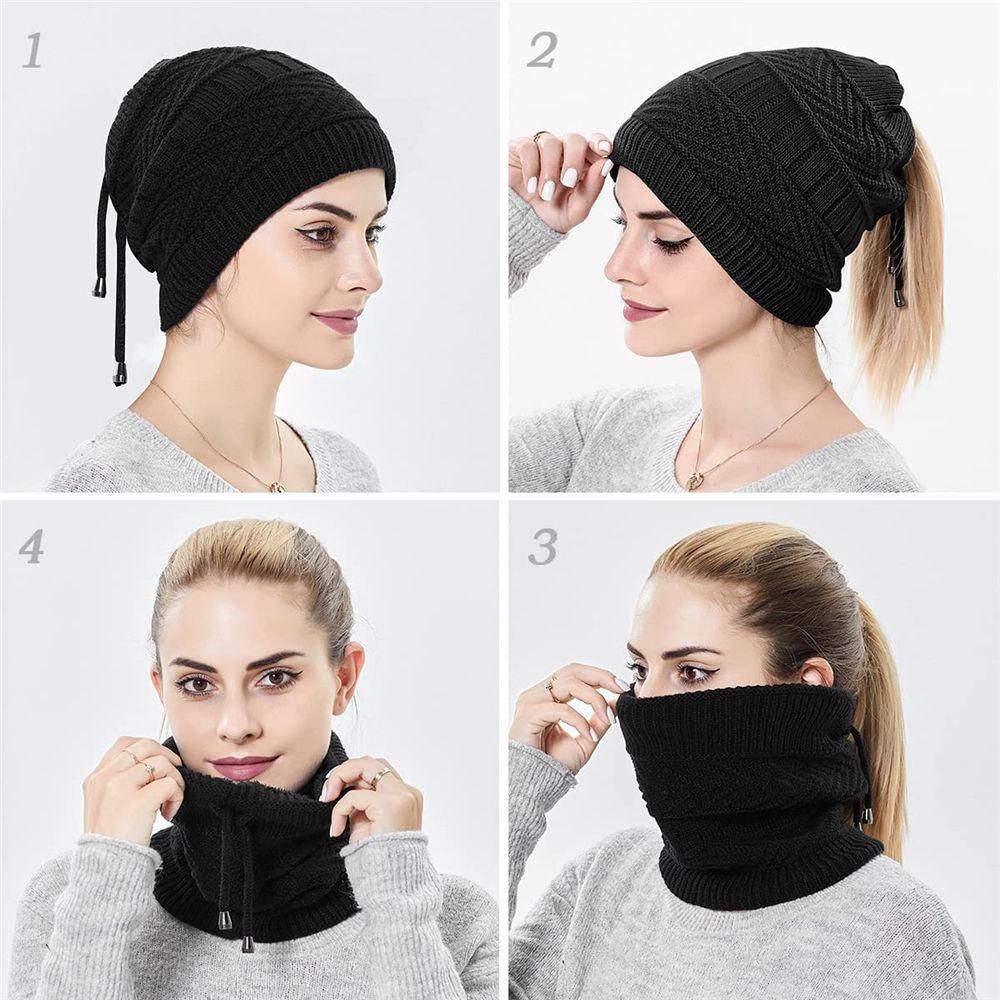 Maxg Mũ Beanie Dệt Kim Lót Lông Cừu Mềm Mại Giữ Ấm Cổ Đuôi Ngựa Chạy Bộ Thể Thao Mùa Đông