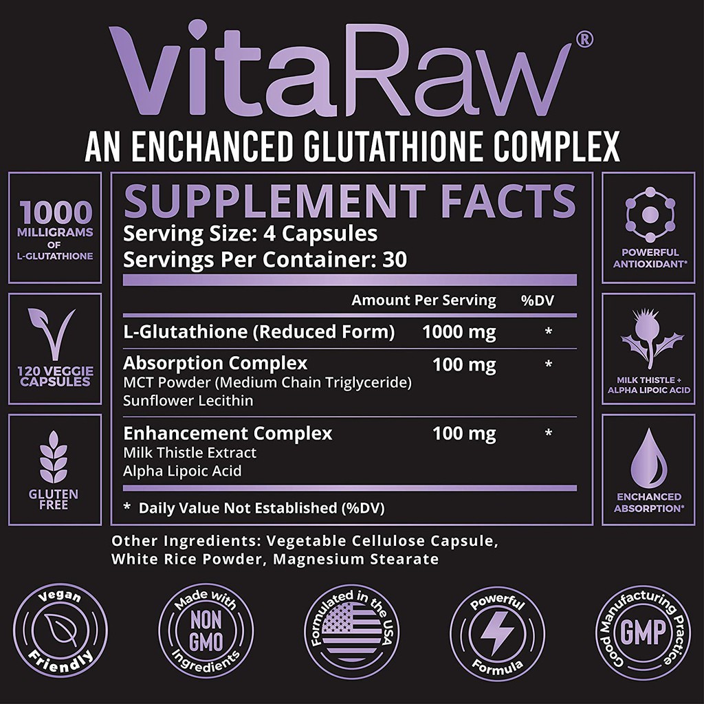 Glutathione 1000mg - 120 Viên - Trắng Sáng Da - Chống Lão Hóa - Thanh Lọc Gan - VitaRaw