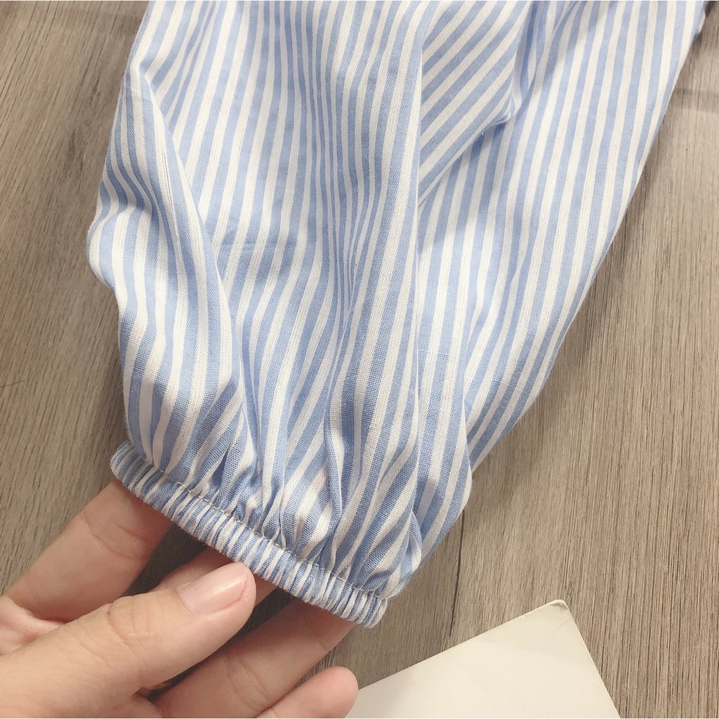 [ CỰC ĐÁNG YÊU]Áo kiểu rút eo 2 bên sọc xanh hàng mới về