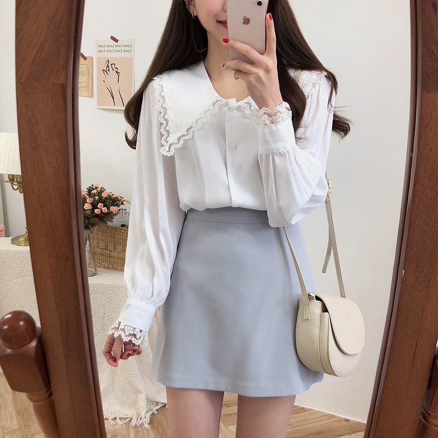 chân váy chữ A/ áo sơ mi kiểu ulzzang cổ phối ren ORDER - kèm ảnh thật