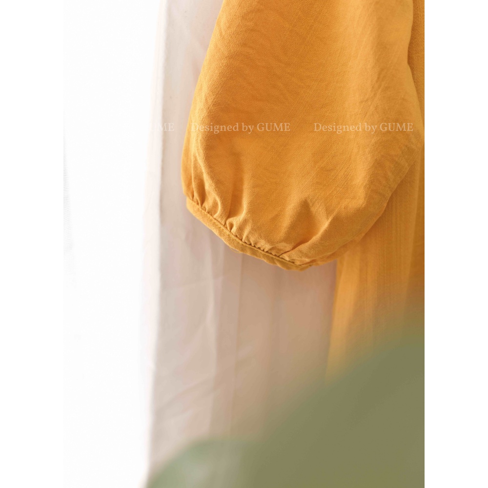 Váy bầu bigsize - Đầm bầu thiết kế GuMe màu Vàng Đũi Cúc Bọc Đuôi Cá phối cổ sen trắng size từ 40-100kg  MB261- ảnh thật