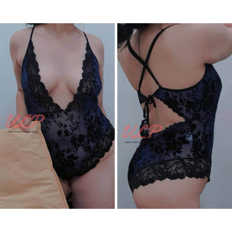 [BIGSIZE_120KG]_DN106_Bodysuit thun lưới in nổi phối ren, dây chéo lưng sexy Bigsize - SHEIN
