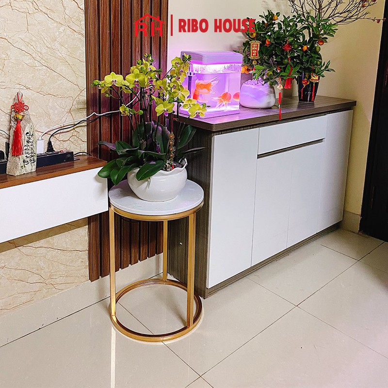 Bàn trà tròn RIBO HOUSE mặt bàn đá, kệ trang trí phòng khách, spa, nails, cà phê mẫu 1 RIBO91