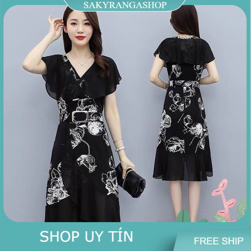 HÀNG NHẬP - ĐẦM XOÈ LỤA IN HOA SEN KÈM NỊT