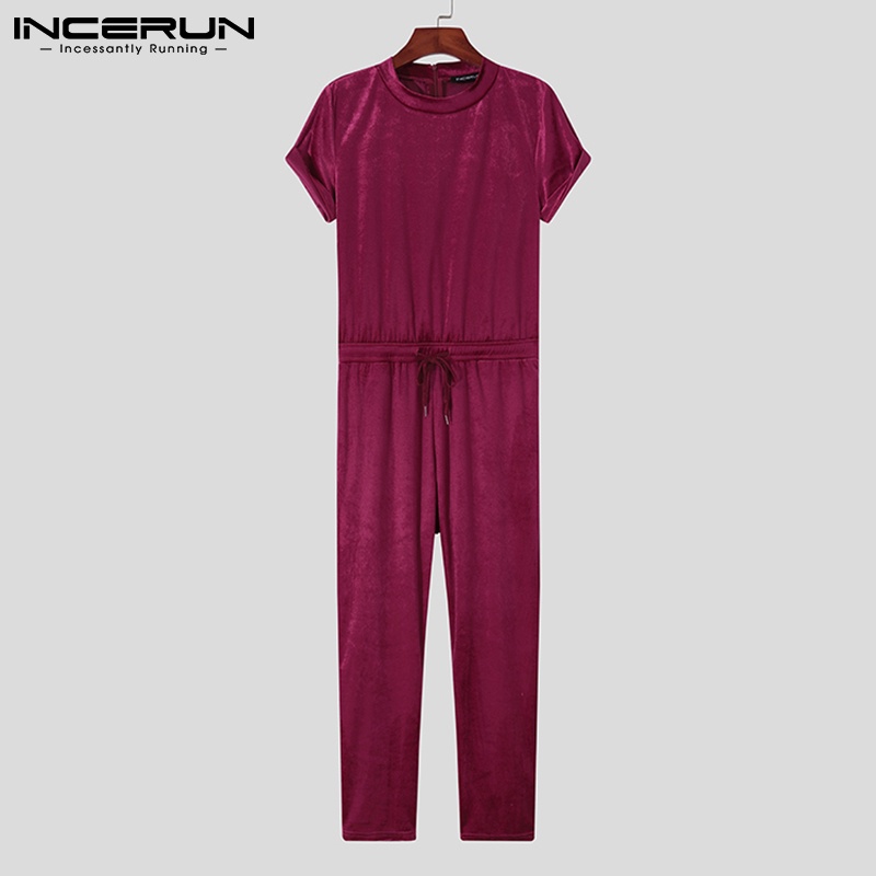 Bộ áo liền quần INCERUN vải nhung cổ tròn ngắn tay dáng rộng thời trang mùa hè dành cho nam 2 màu sắc lựa chọn