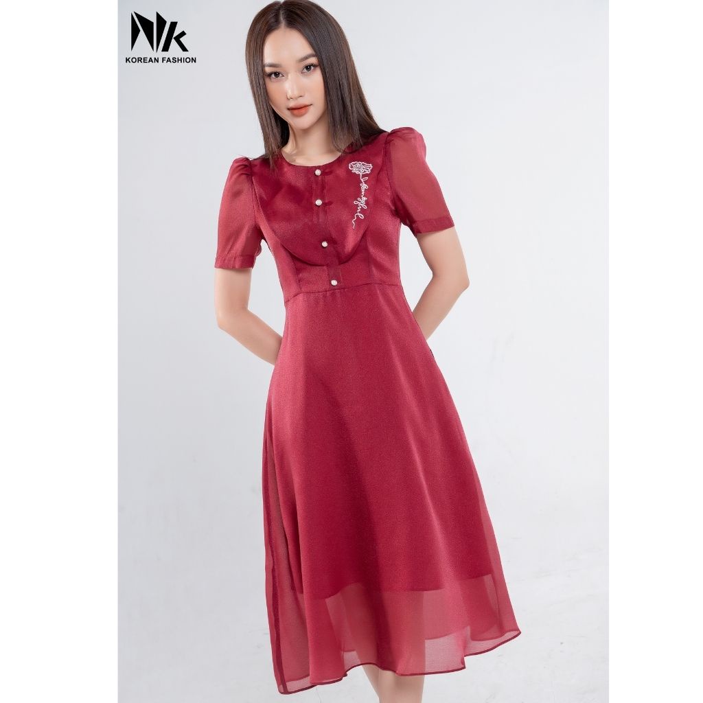 Váy Thiết Kế Nữ Dáng Xòe NK FASHION Thiết Kế Cổ Tròn Thêu Dập Ngực, Vải Hàn Cao Cấp NKDV2201004