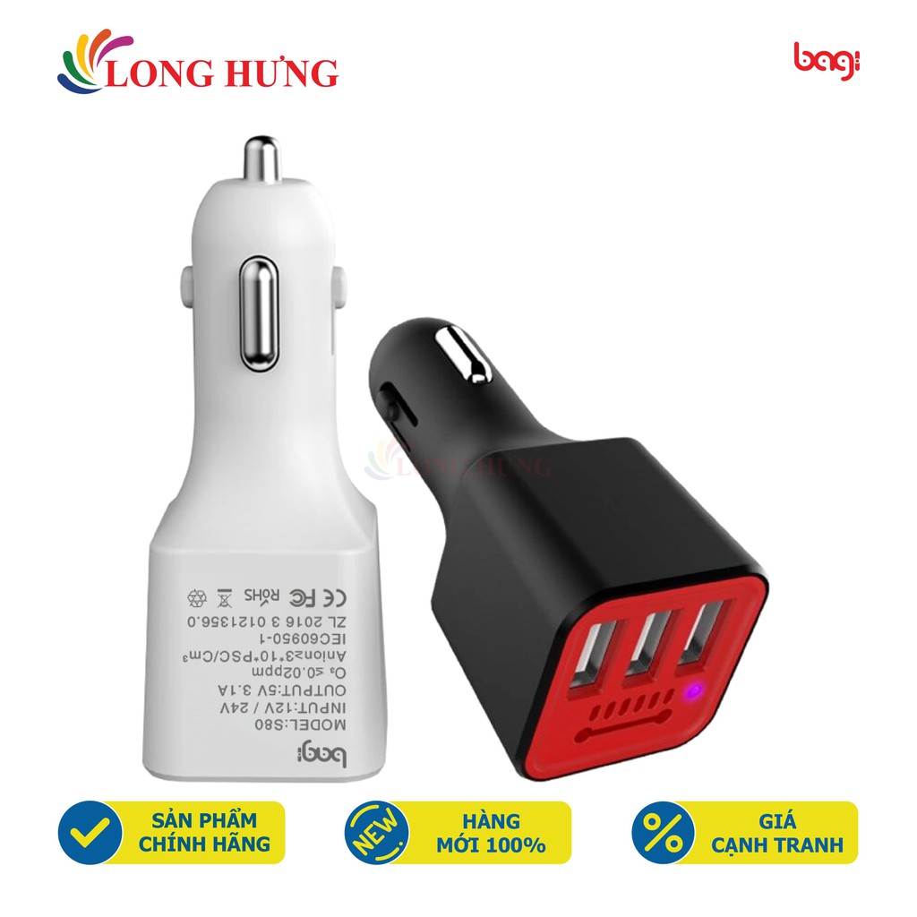 Cốc sạc xe hơi Bagi QC 3.0 3.1A 3USB CC-S80 - Hàng chính hãng