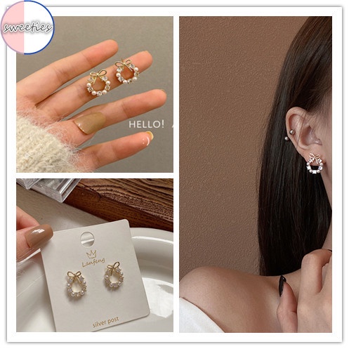 Bông tai đính ngọc trai và nơ thời trang cho nữ