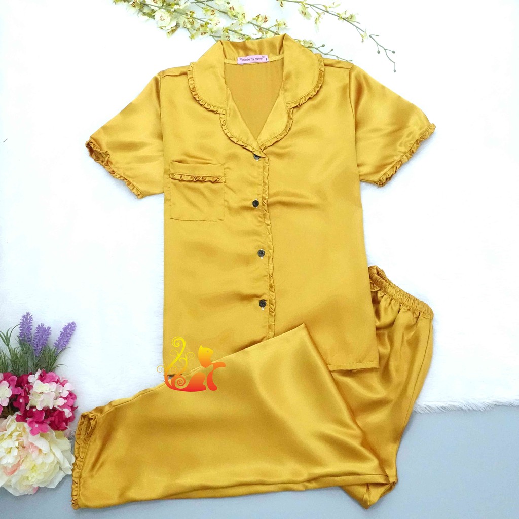 Đồ Mặc Nhà Pijama Phi Lụa " Viền Bèo " Quần Dài Cao Cấp - Dưới 60kg.