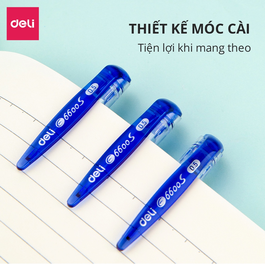Bút bi nước mực gel nắp đậy 0.5mm Deli màu xanh, đen, đỏ nhanh khô lâu hết mực nét viết trơn tru đều đẹp 6600S