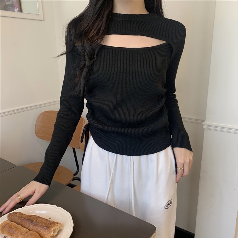 【ZHELIHANGFEI】Áo Sweater Dệt Kim Tay Dài Dáng Ôm Phối Dây Rút Cá Tính