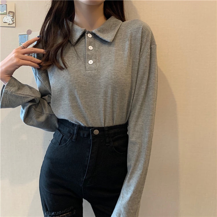 Áo Thun Nữ Dài Tay Cổ Polo Dáng Rộng Phong Cách Hàn Quốc Mới