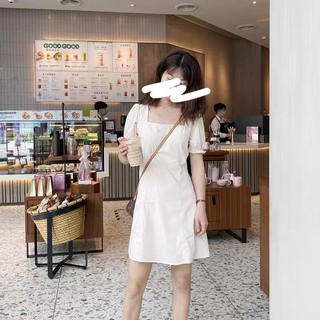 Đầm Cổ Vuông Tay Ngắn dễ thương kèm ảnh thật. đầm trắng có lót full áo - D13