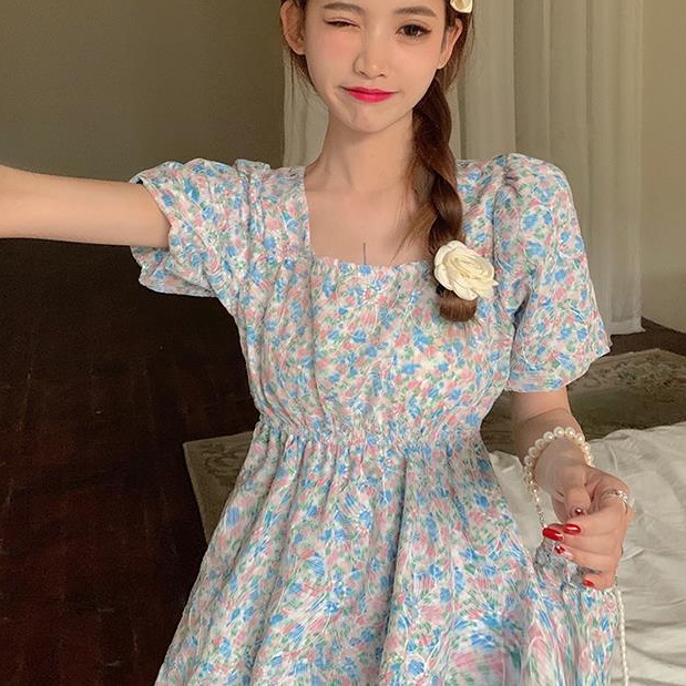 Đầm Dáng Chữ a Tay Phồng Cổ Vuông In Họa Tiết Hoa Phong Cách Pháp Thời Trang Mùa Hè Mới