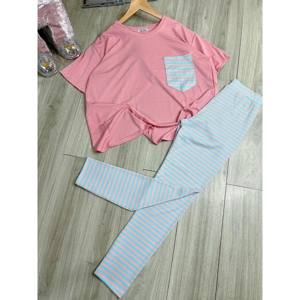 Đồ bộ nữ, set đồ bộ quần legging đai cao thun gân borip và áo thun cotton ngắn tay xẻ tà sau lưng form rộng có túi