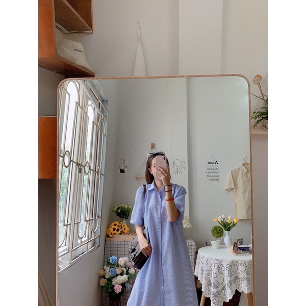 [Ảnh thật/Video]Đầm sơ mi kẻ cộc tay basic dáng dài Hàn Quốc  Váy sơ mi phong cách ulzaang