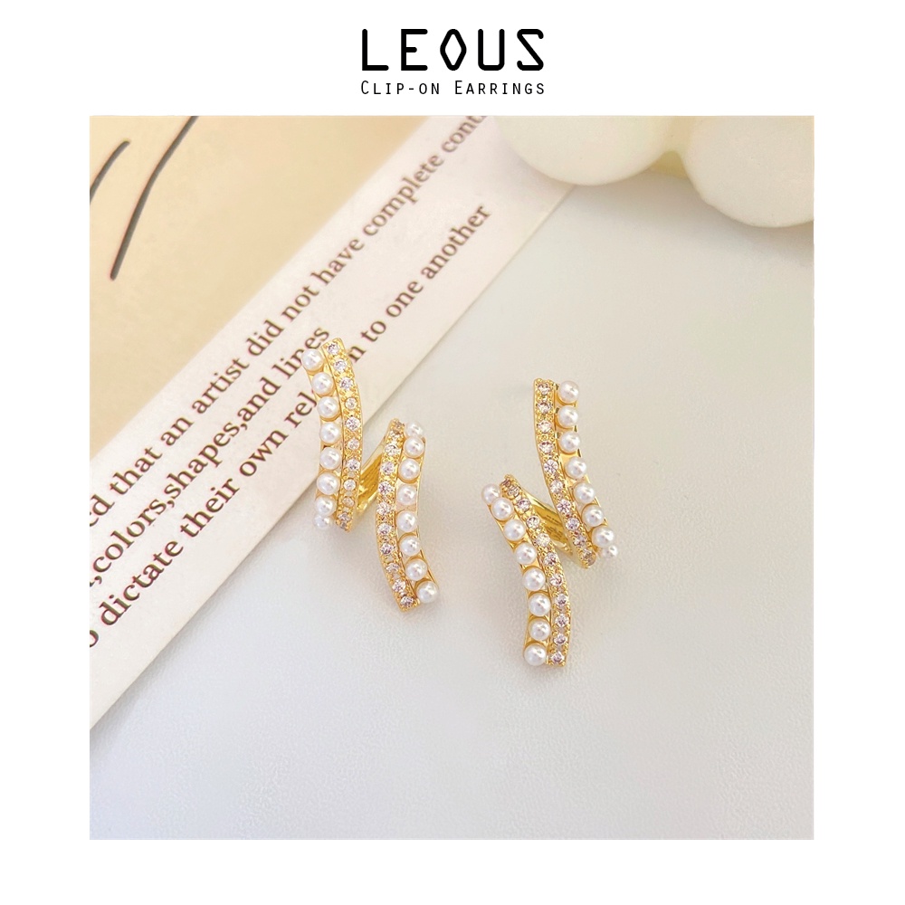 Khuyên tai kẹp không bấm lỗ chốt cố định K001 bằng hợp kim mạ vàng hình khối đính hạt trai hạt đá dáng midi Leous