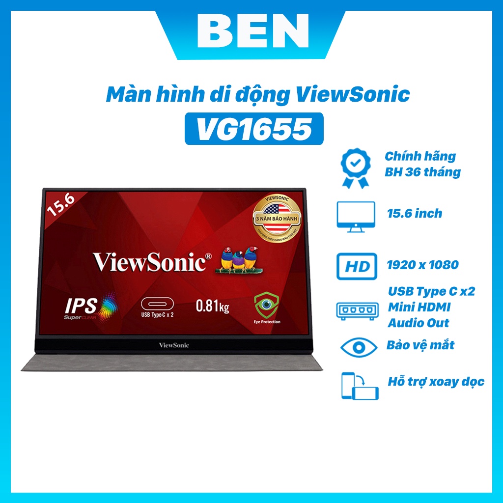 Màn Hình Di Động Viewsonic VG1655 VA1655 15.6inch FHD IPS 6.5ms/60hz Hdmi+Usb Typec+Audio) | BigBuy360 - bigbuy360.vn