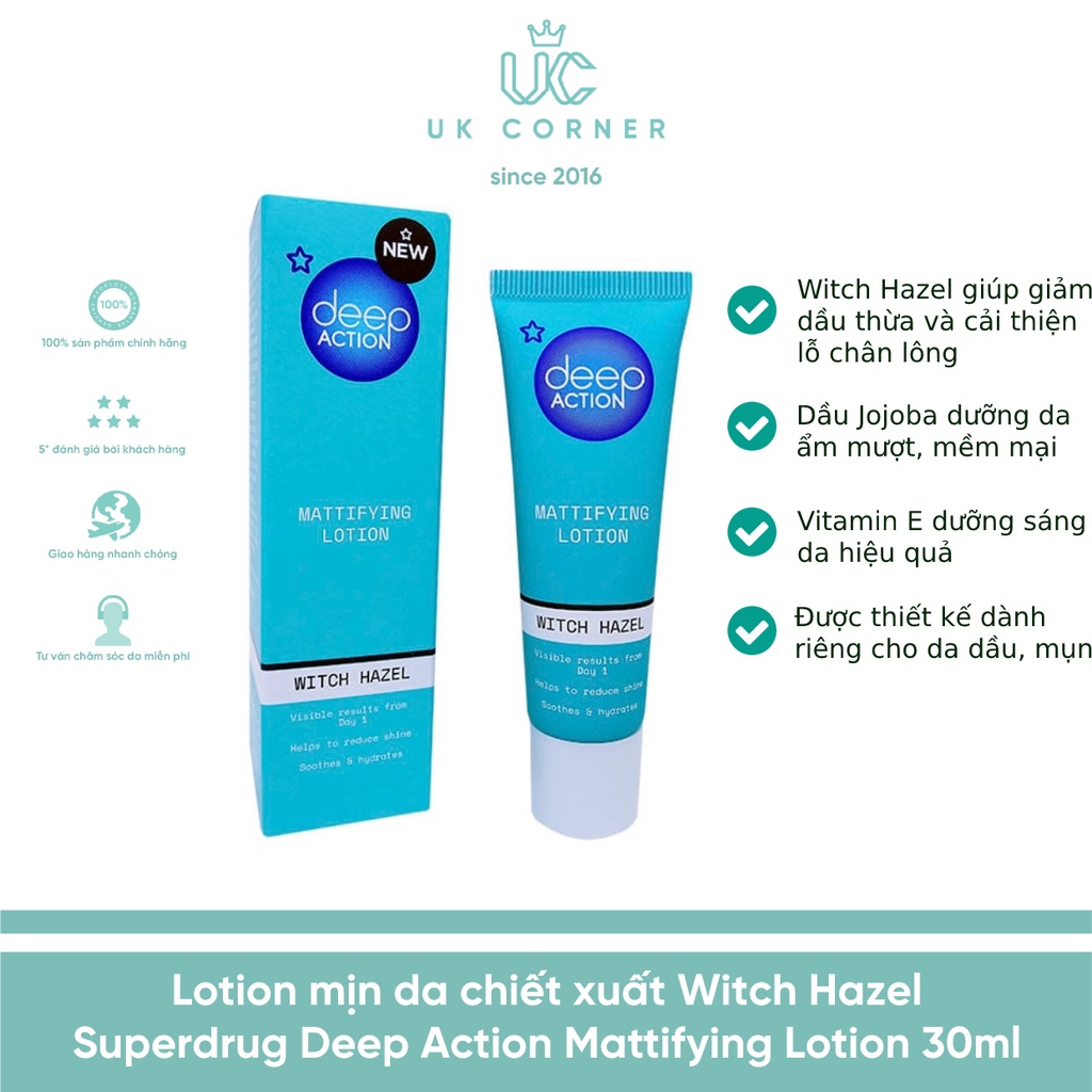 Lotion mịn da chiết xuất Witch Hazel Superdrug Deep Action Mattifying Lotion 30ml