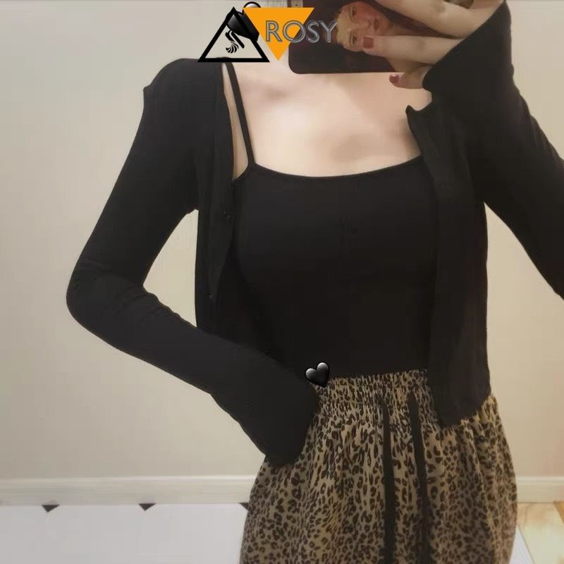Set áo croptop 2 dây có khoác ngoài chất co giãn siêu xinh cho chị em