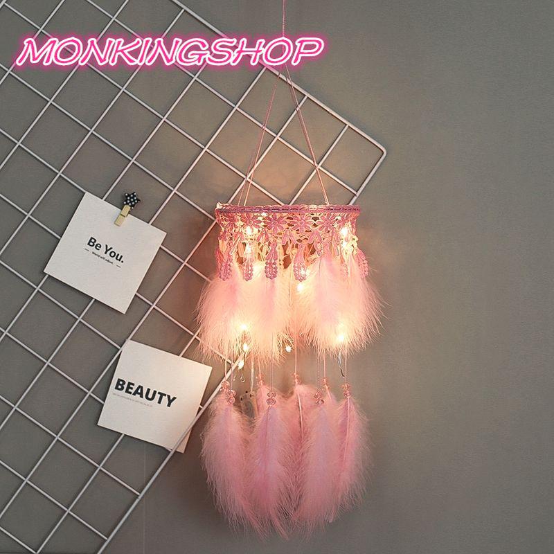 Dream Catcher màu hồng bằng băng ren dùng để treo trang trí với đèn