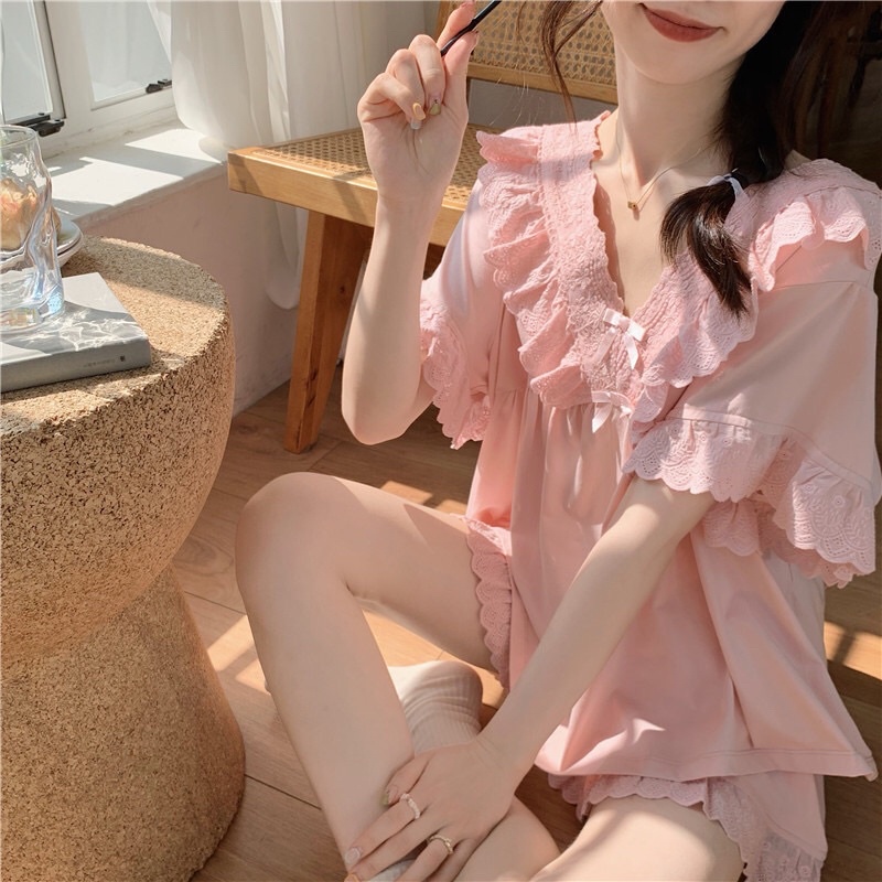 Đồ Ngủ Style Hàn Quốc_ Đồ Bộ Nữ Mặc Nhà Tiểu Thư Cộc Tay Phối Bèo Viền