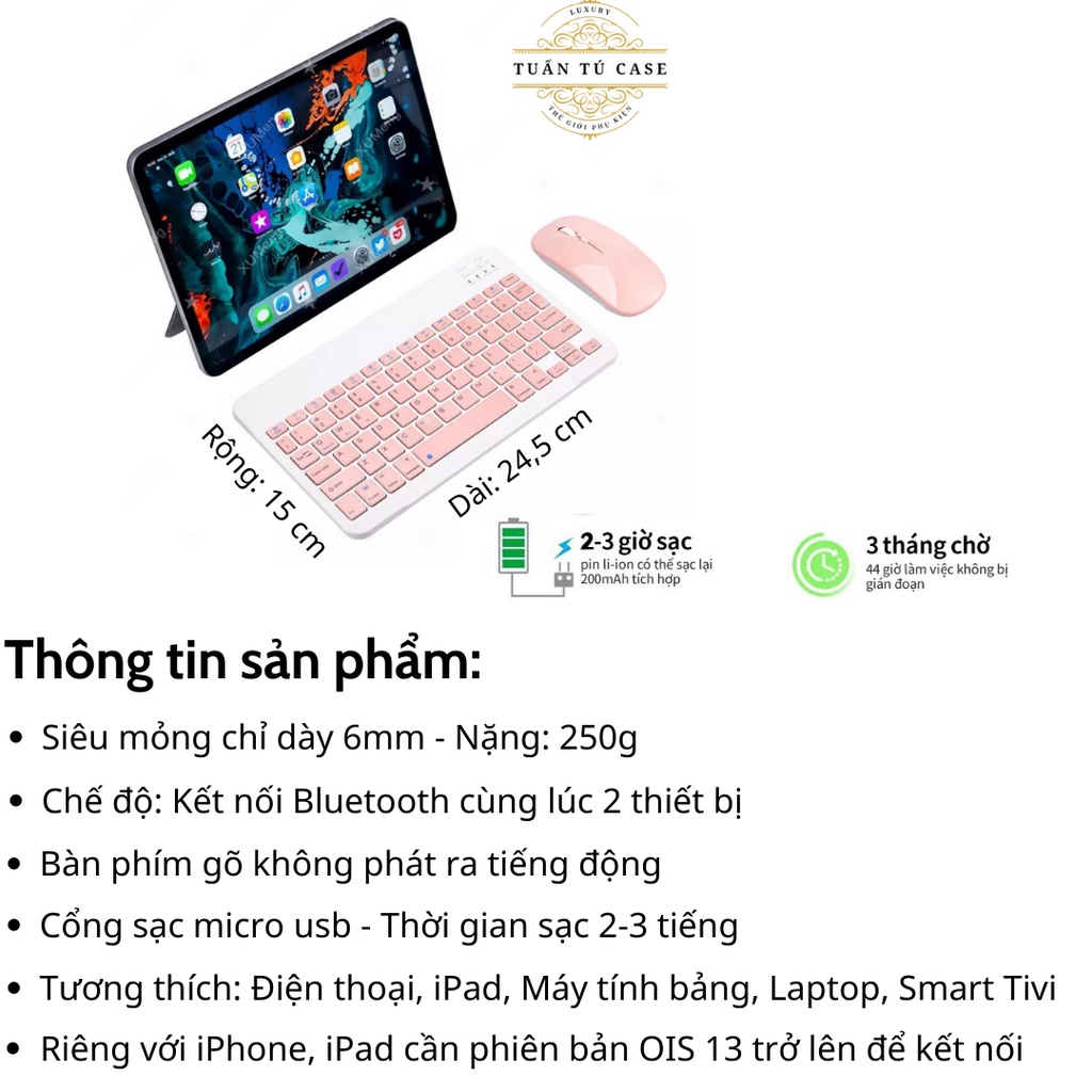 Combo bàn phím &amp; chuột không dây bluetooth nhiều màu sắc nhỏ gọn cho điện thoại máy tính bảng ipad laptop macbook tivi