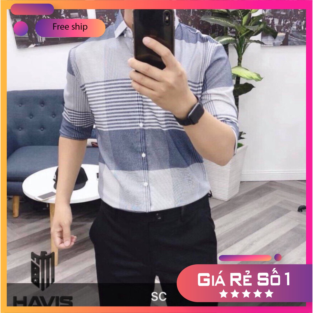 Áo sơ mi nam dài tay HAN'247 áo sơ mi phối sọc ngang Hàn Quốc_ Kitty Free Shop