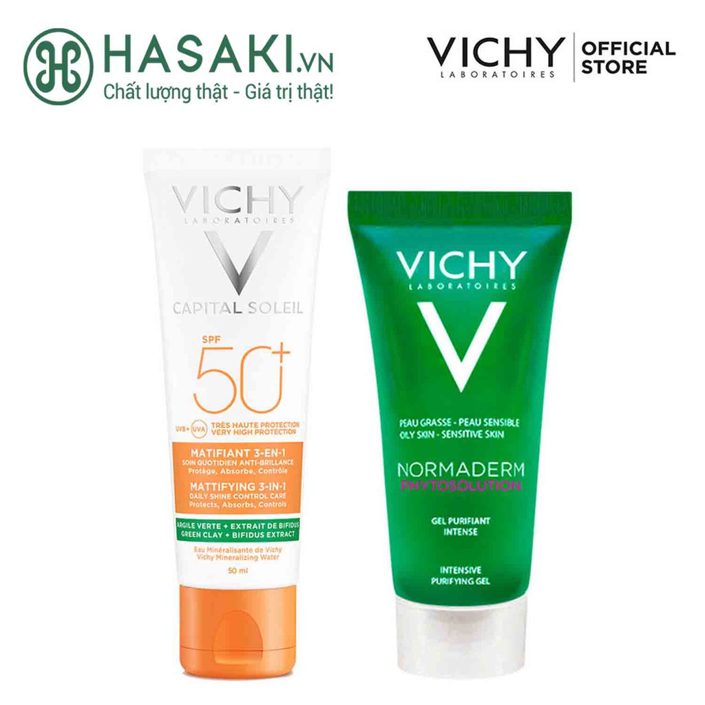 Combo Vichy Kem Chống Nắng Kiềm Dầu SPF50+ 50ml + Gel Rửa Mặt Da Dầu Mụn 50ml