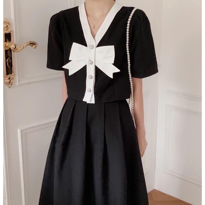  Set váy tiểu thư Uzzlang áo croptop nơ kèm chân váy - Hàng chuẩn QCCC | BigBuy360 - bigbuy360.vn