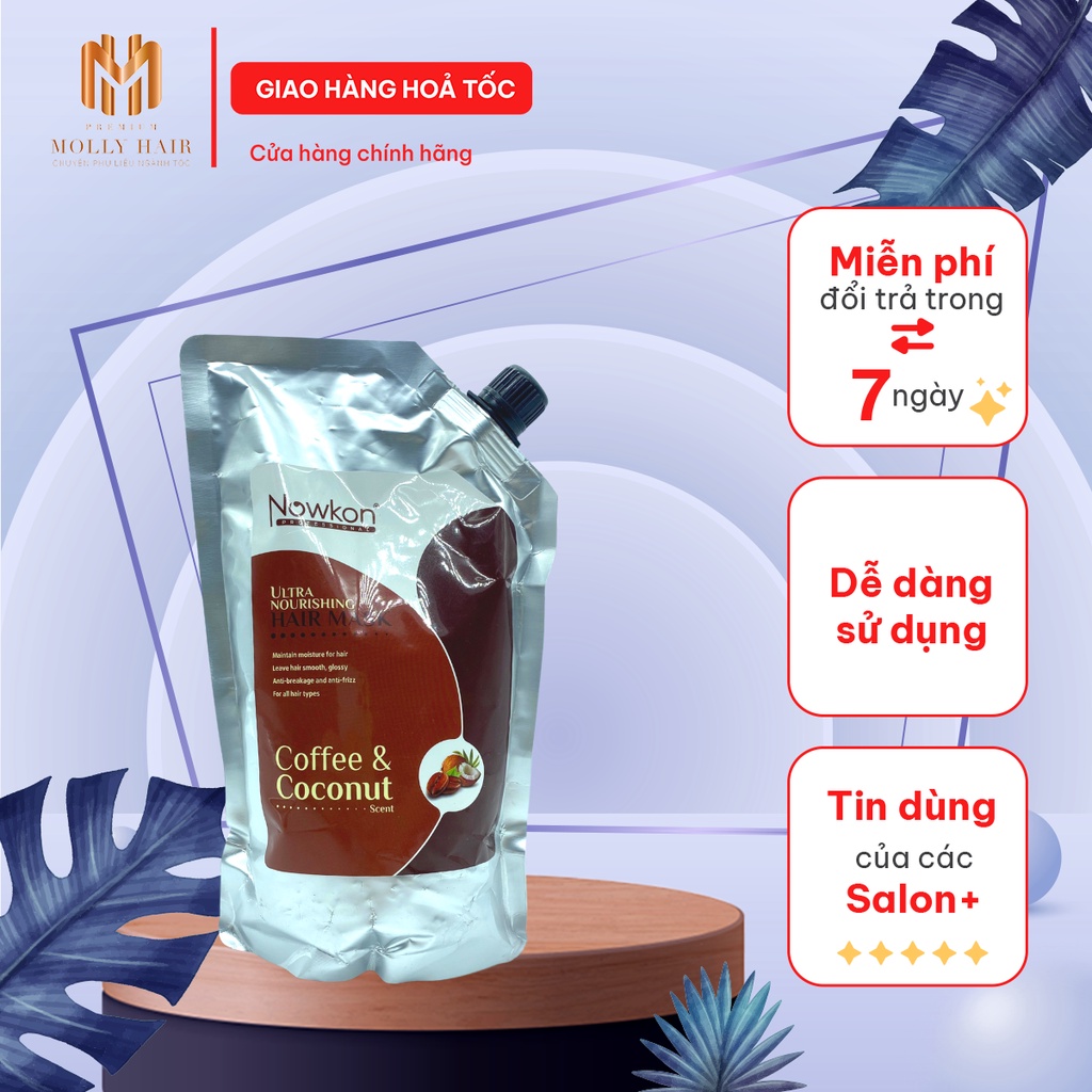Mặt nạ tóc Nowkon MollyHair, cung cấp B5 tái tạo và phục hồi tóc hư tổn 100% từ quả cà phê và dừa   850ml