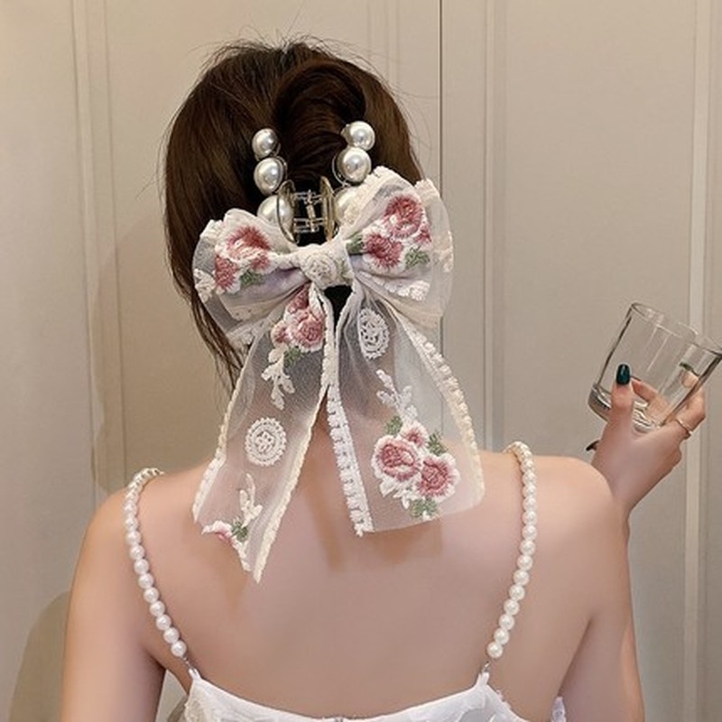 Kẹp Tóc Hình Nơ Thêu Hoa Phối Ren Phong Cách Cổ Điển Tinh Tế Cho Nữ