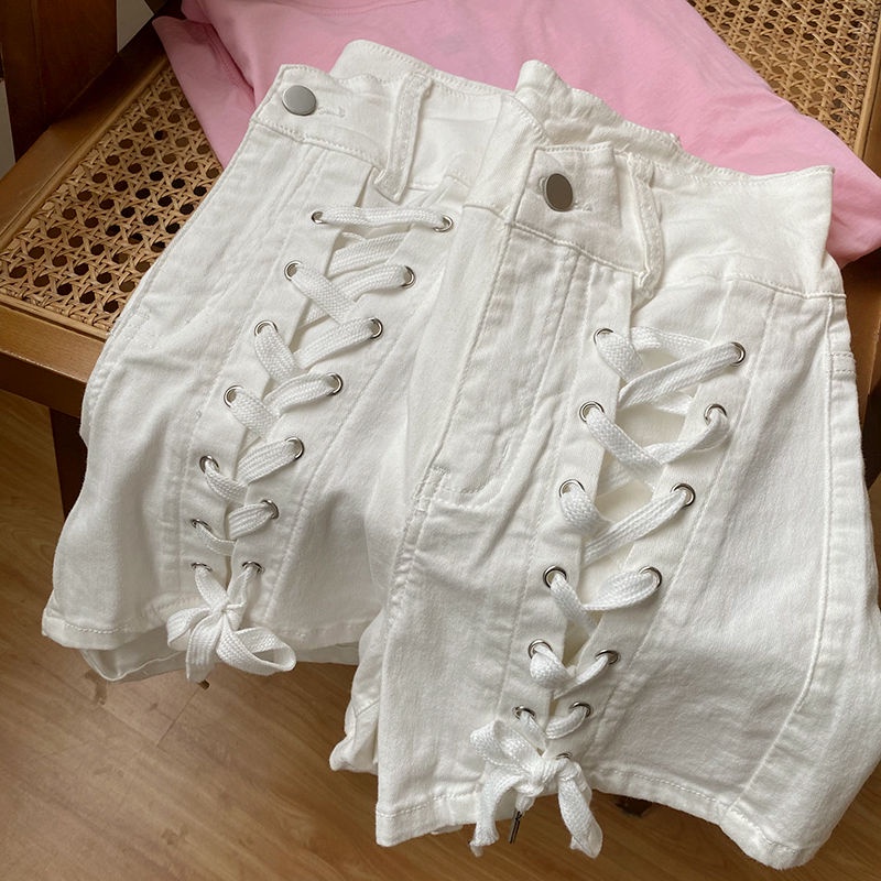 Quần Short Jean Lưng Cao Ống Rộng Có Dây Rút Theo Phong Cách Hàn Quốc Hàng Mới