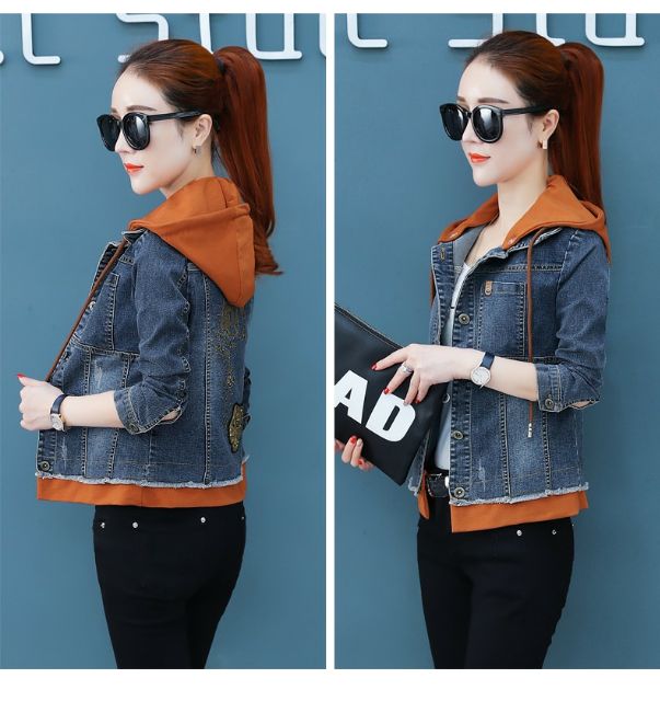 Hàng nhập - Áo khoác jean nữ có mũ phối viền