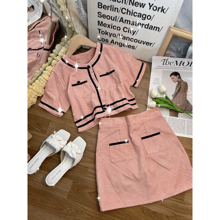 SET NHUNG GÂN ÁO HỒNG VIỀN ĐEN + CHÂN VÁY HỒNG LÓT QUẦN