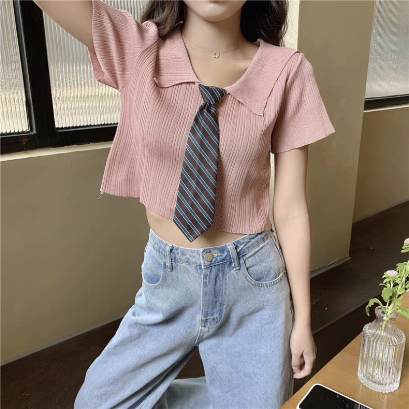 Áo croptop len caravat học sinh Ulzzang style Hàng Quảng Châu