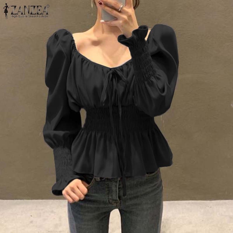 Áo kiểu ZANZEA tay dài loe xếp li lưng thun thời trang cho nữ