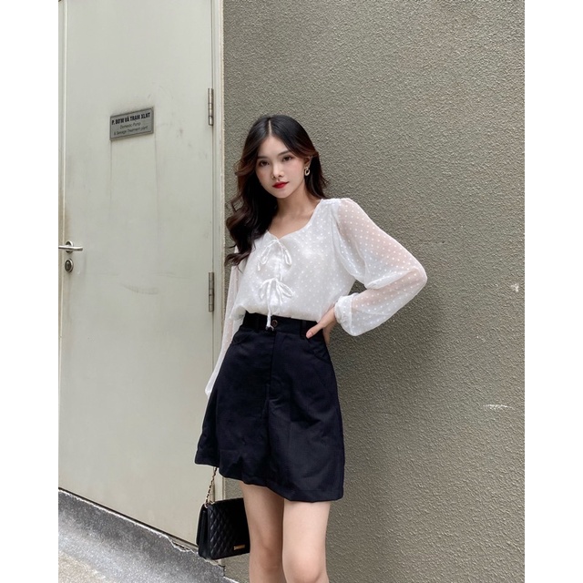 Áo kiểu nữ bánh bèo, voan tay phồng Nina Top LUCETFASHION, áo kiểu nữ dễ thương