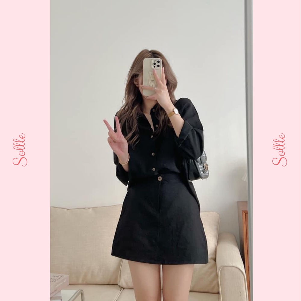 Set bộ nữ áo sơ mi dài tay cổ đức và chân váy ngắn A cạp chun sau nhiều màu thô đũi Hàn Quốc