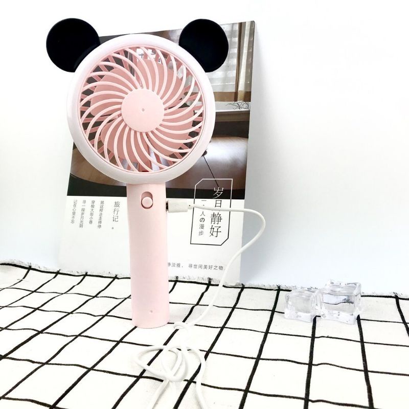 Quạt Mini Cầm Tay 3 Cấp Độ Gió Có Đèn Led - Quạt Tai Gấu Tích Điện Bỏ Túi