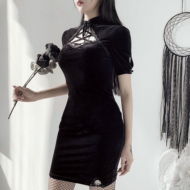 Đầm IELGY tay ngắn bằng vải da lộn thiết kế bó eo phong cách retro thời trang cho nữ