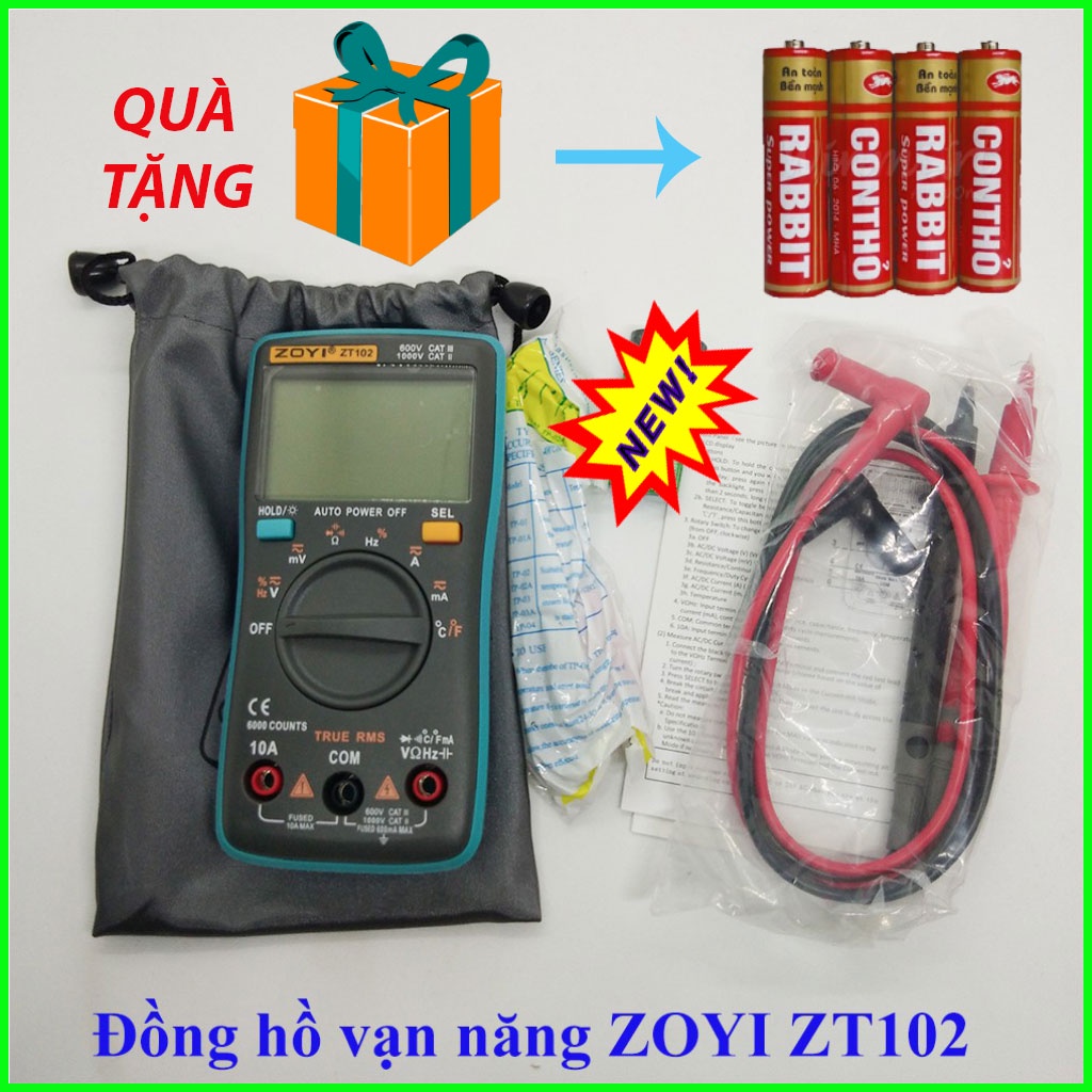 𝗧𝗮̣̆𝗻𝗴 𝗩𝗶̉ 𝗣𝗶𝗻 Đồng hồ đo vạn năng ZOYI ZT102 AC/DC Điện Áp Nhiệt Độ Ohm Diode Tần Số