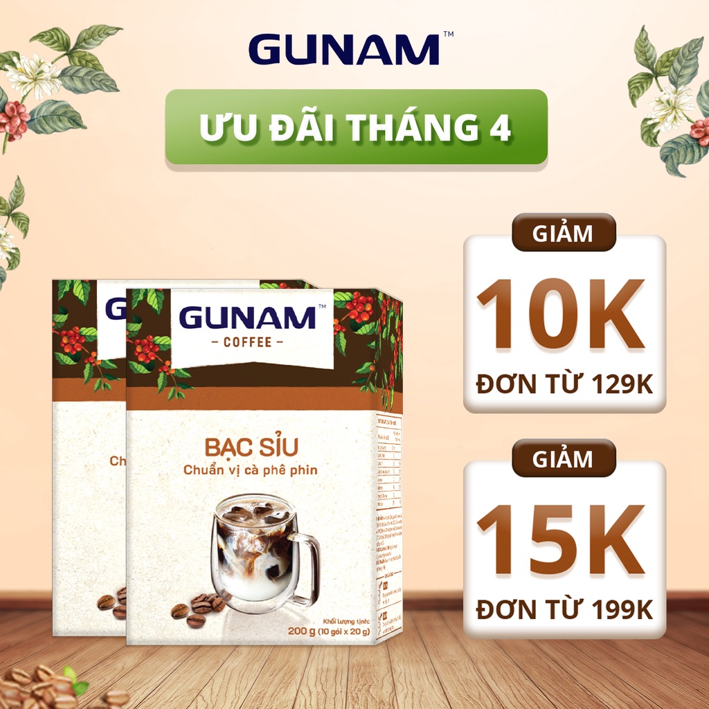 Combo 2 hộp cà phê hòa tan GUNAM bạc sỉu thơm béo (hộp 10 gói x 20g)