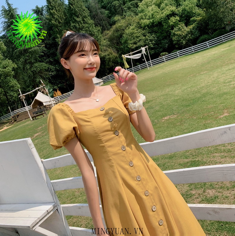 ( Mingyuan ) New retro high waist slim slimming single-breasted square neck dress
