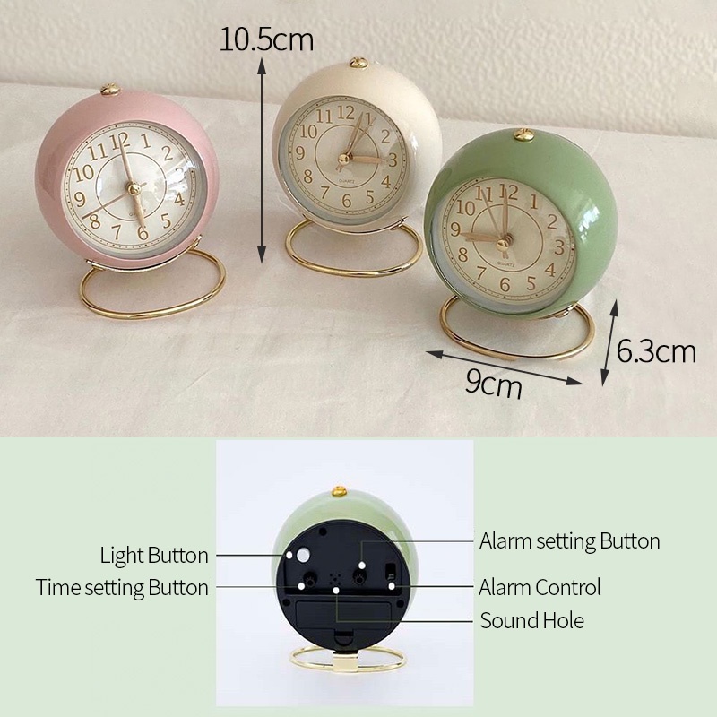 Retro Alarm Clock Student Bedside Table Clock with Night Light Classic Silent Quartz Movement Bedroom Decor