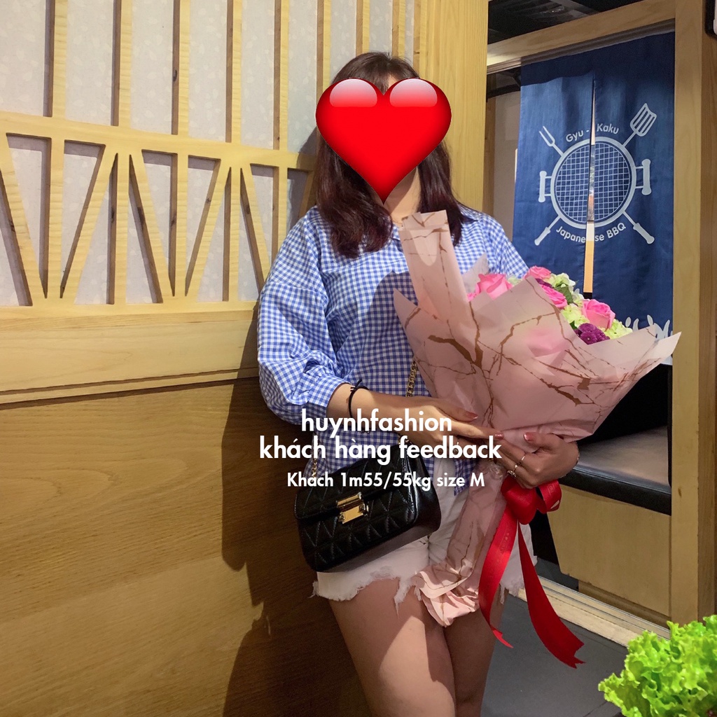 Áo sơ mi nữ form rộng, tay phồng rộng vai sọc caro -  SM03