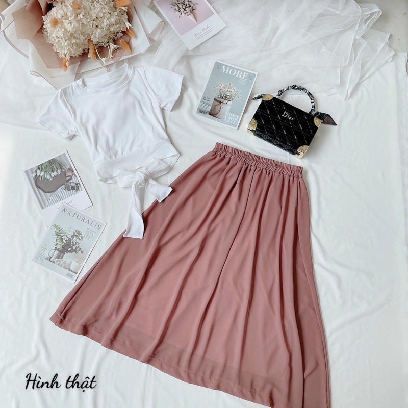 set áo thun cột nơ chân váy voan midi dễ thương